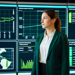 A professional urban planner, a woman in a modest business blazer and trousers, stands confidently in a sleek, modern smart city control room. She is looking at a large, interactive transparent display showing real-time data visualizations of green energy grids and optimized public transportation routes. The room is filled with soft, ambient light and subtle holographic interfaces. Professional photography, high resolution, realistic rendering, perfect anatomy, correct proportions, natural pose, well-formed hands, proper finger count, natural body proportions. Fully clothed, modest clothing, appropriate attire, professional dress, safe for work, appropriate content, family-friendly.