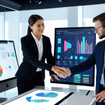 A diverse group of professionals, including a female executive and a male tech expert, in modest business suits, collaborating around an interactive holographic display showcasing complex data visualizations in a bright, modern, open-plan office. The scene emphasizes seamless human-AI teamwork and innovation. Perfect anatomy, correct proportions, natural pose, well-formed hands, proper finger count, natural body proportions, fully clothed, appropriate attire, professional dress, safe for work, appropriate content, family-friendly, high-quality, professional photography.