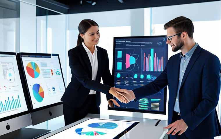 A diverse group of professionals, including a female executive and a male tech expert, in modest business suits, collaborating around an interactive holographic display showcasing complex data visualizations in a bright, modern, open-plan office. The scene emphasizes seamless human-AI teamwork and innovation. Perfect anatomy, correct proportions, natural pose, well-formed hands, proper finger count, natural body proportions, fully clothed, appropriate attire, professional dress, safe for work, appropriate content, family-friendly, high-quality, professional photography.