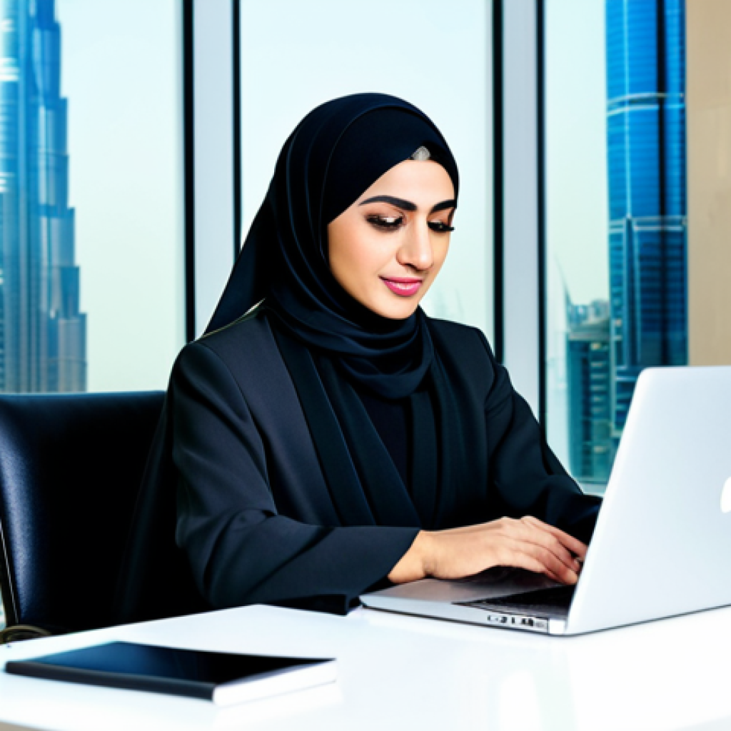 Modern Arab Professional**

"A successful Arab businesswoman in a stylish, modest abaya-inspired business suit, working on a laptop in a bright, modern office overlooking Dubai. Fully clothed, appropriate attire, safe for work, perfect anatomy, natural proportions, professional photography, high quality."

**