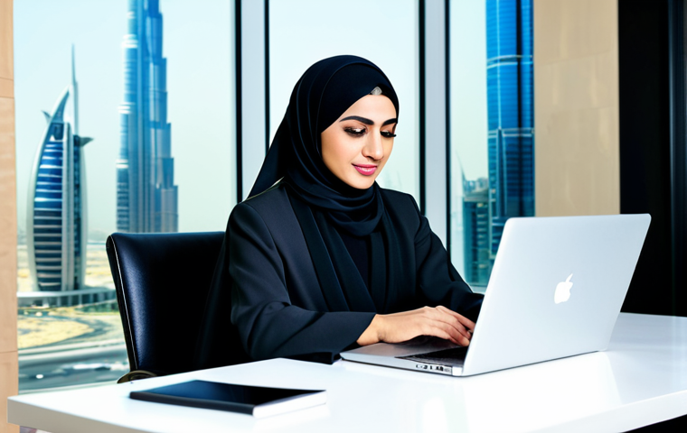Modern Arab Professional**
"A successful Arab businesswoman in a stylish, modest abaya-inspired business suit, working on a laptop in a bright, modern office overlooking Dubai. Fully clothed, appropriate attire, safe for work, perfect anatomy, natural proportions, professional photography, high quality."
**