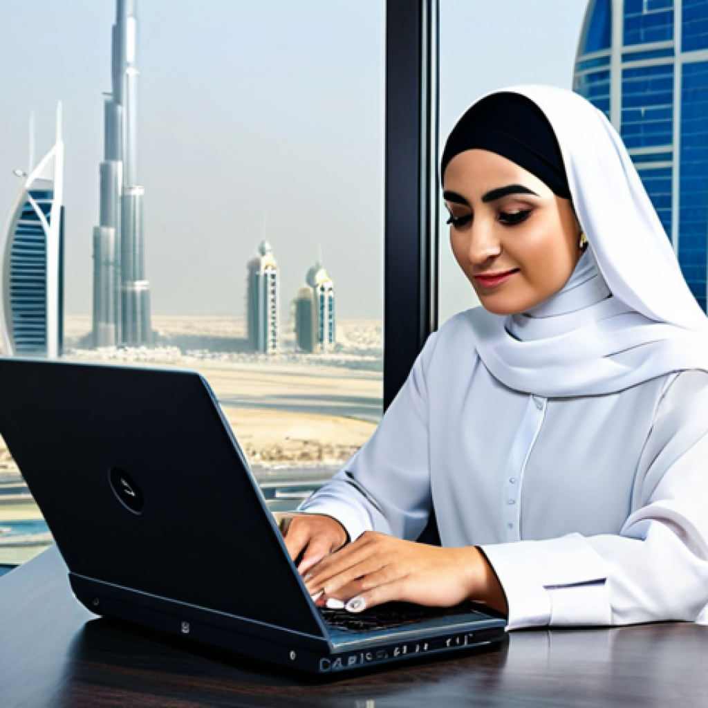 A professional Arab businesswoman in a modest, elegant abaya with subtle, intricate embroidery, working on a laptop in a modern office overlooking the Dubai skyline. Fully clothed, appropriate attire, safe for work. Perfect anatomy, correct proportions, natural pose, professional photography, high quality. Family-friendly, professional.