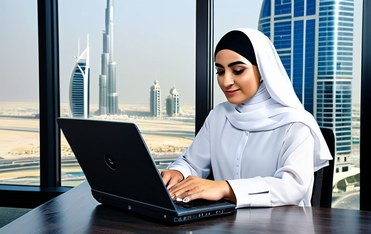 A professional Arab businesswoman in a modest, elegant abaya with subtle, intricate embroidery, working on a laptop in a modern office overlooking the Dubai skyline. Fully clothed, appropriate attire, safe for work. Perfect anatomy, correct proportions, natural pose, professional photography, high quality. Family-friendly, professional.