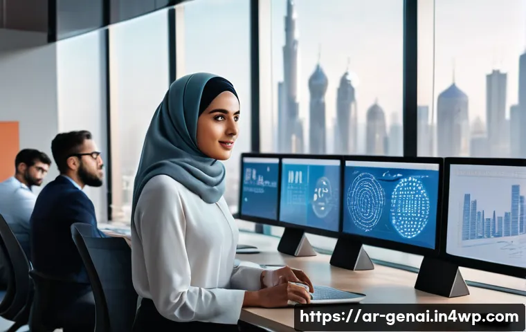 AI의 악용과 방지 대책 - A modern office scene in a bustling Middle Eastern city, showcasing diverse Arab professionals engag...