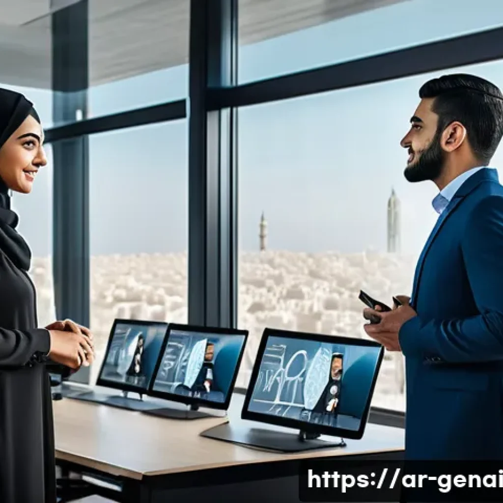 AI 개발을 위한 윤리적 프레임워크 - A professional Middle Eastern AI development team in a modern office, collaborating over transparent...