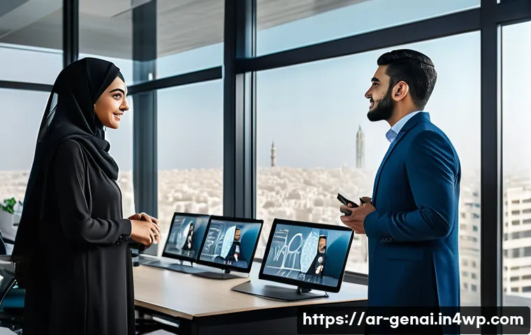 AI 개발을 위한 윤리적 프레임워크 - A professional Middle Eastern AI development team in a modern office, collaborating over transparent...