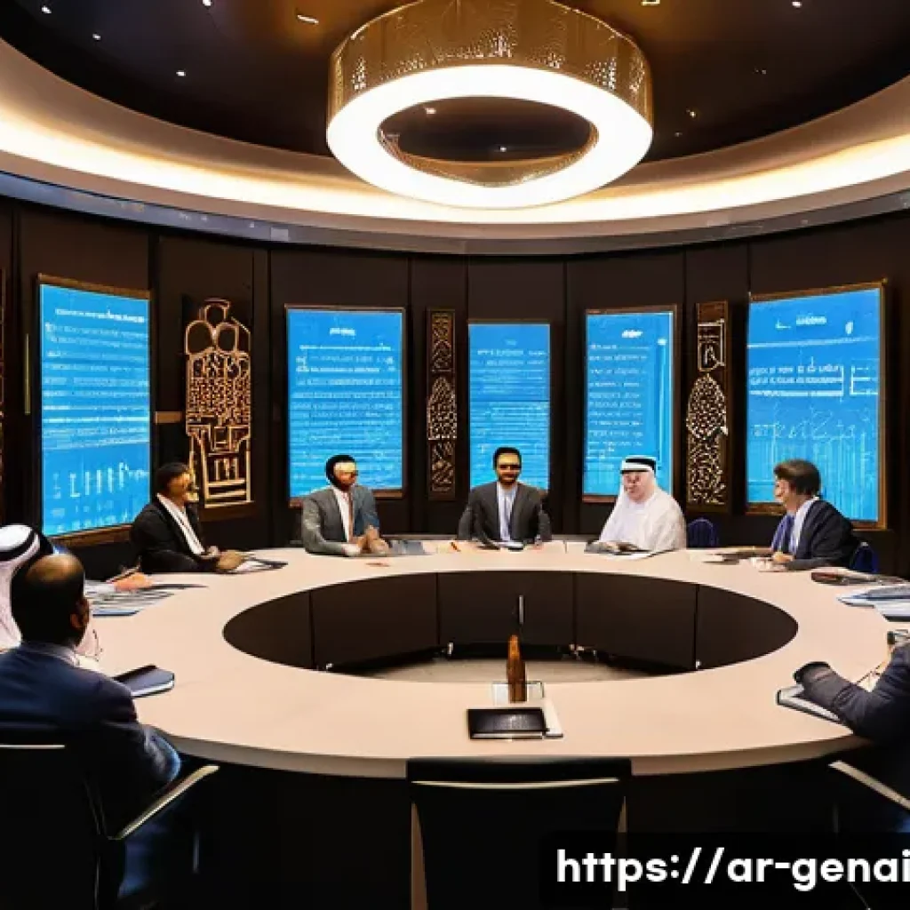 AI 윤리적 기준의 변화 - A modern Arab technology conference scene illustrating a diverse group of experts—AI developers, eth...