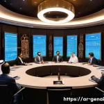Home 20 AI 윤리적 기준의 변화 - A modern Arab technology conference scene illustrating a diverse group of experts—AI developers, eth...