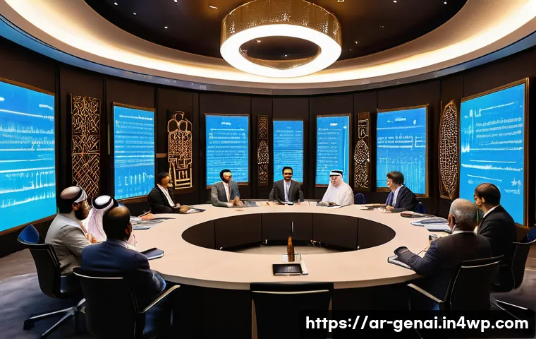 AI 윤리적 기준의 변화 - A modern Arab technology conference scene illustrating a diverse group of experts—AI developers, eth...