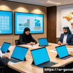 Home 19 AI의 윤리적 평가 및 인증 - A modern Arab city office scene showing a diverse group of professionals engaged in a workshop about...