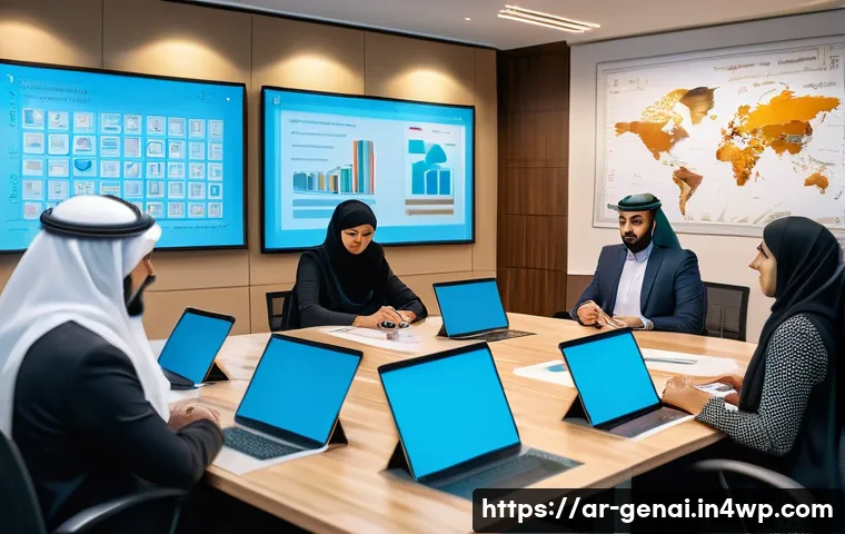 AI의 윤리적 평가 및 인증 - A modern Arab city office scene showing a diverse group of professionals engaged in a workshop about...