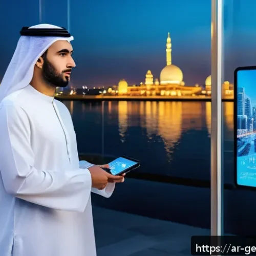 Home 17 AI 윤리적 가이드라인의 사례 연구 - A sophisticated, modern Arab cityscape at dusk showcasing diverse people interacting with AI technol...