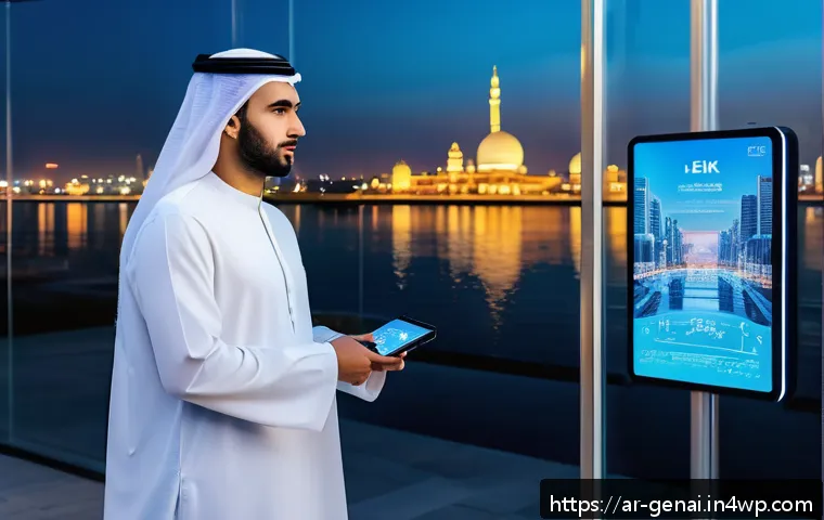 AI 윤리적 가이드라인의 사례 연구 - A sophisticated, modern Arab cityscape at dusk showcasing diverse people interacting with AI technol...